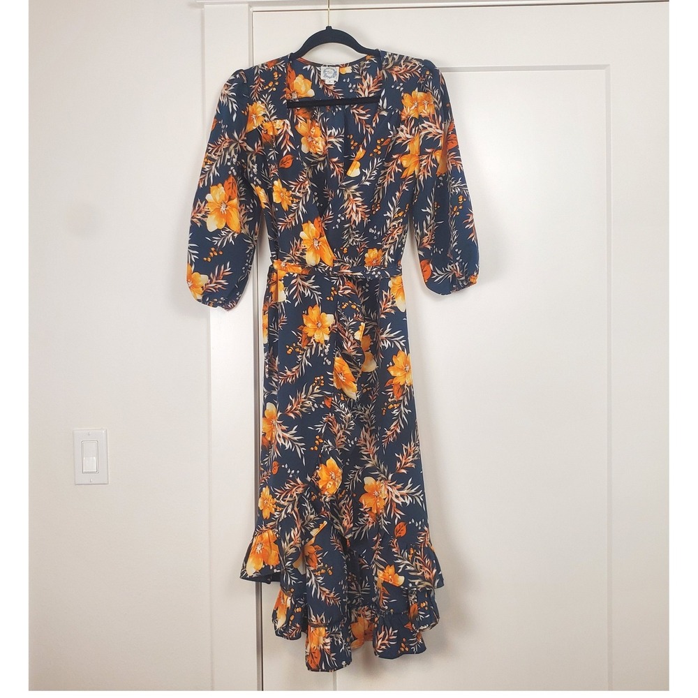 Navy Floral Ruffle Hem Midi Wrap Dress Womens Medium Y2K Blue Rain Faux